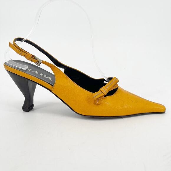 Vintage Prada Mustard Yellow Pointed Toe Bow Detail Slingback Heel size IT 39 - Picture 2 of 13
